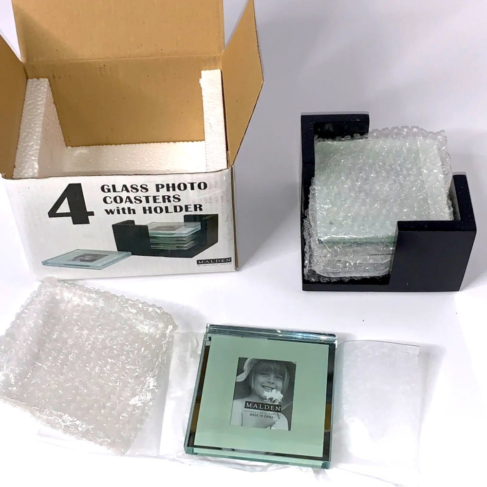 Photo Frame Coaster Gift Set With Base Holder, Quality Glass by Malden Set of 4